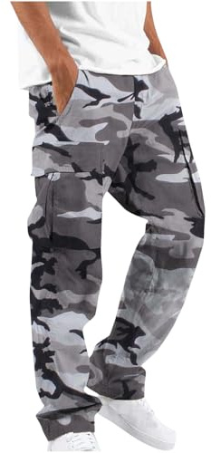 OVARA Mens Cargo Camouflage Trousers Outdoor Casual Work Pants Multi Pockets Elasticated Waist Loose Fit Combat Camo Trousers Military Chinos