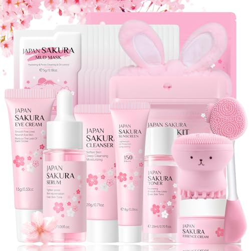 Sakura - Lot de 29 cadeaux pour femme - Kit de soin du visage pour fille - Kit de voyage nettoyant et nourrissant - Avec masques de boue, sérum, crème, crème solaire