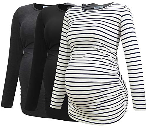 Smallshow kvinnors graviditet toppar långärmade graviditet kläder T-shirts 3-packningar,zwart/donkergrijs/witte strepen,XL