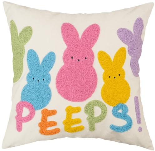 GEEORY 20x20 Inch Canvas Easter Pillow Cover, Embroidered Pastel Bunny Peeps Decorative Throw Pillow Case, Farmhouse Spring Easter Decor for Living Room Sofa Bed