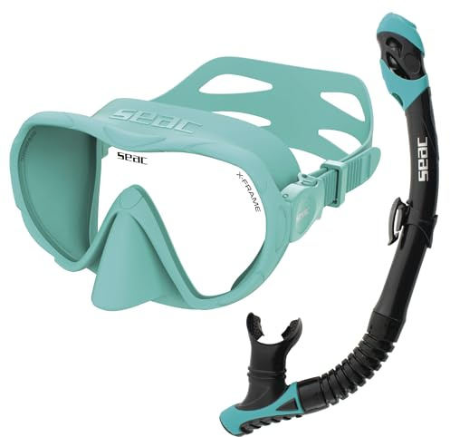 SEAC Set Bis X-Frame Dry – Set Snorkeling Adulto con Maschera Frameless Monolente in Vetro Temperato e Snorkel Dry Top | Silicone, Valvola di Spurgo e Boccaglio Ergonomico per Immersioni e Snorkeling