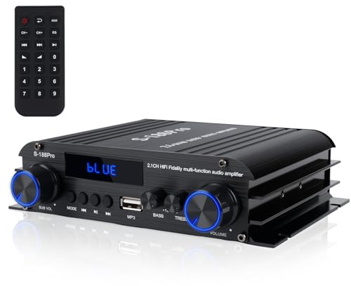 Amplificador Audio HiFi Estéreo de Potencia 2.1 para Casa y Coche - 1000W Pico, Bluetooth 5.3, 2 Entradas AUX, USB/MP3, Subwoofer 60W - Ideal para TV, Altavoces y Sonido de Alta Potencia