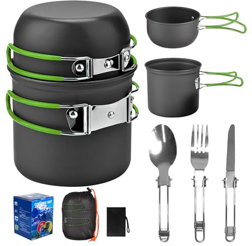 QIANAI Ustensiles de Cuisine en Plein Air, Batterie de Cuisine de Camping pour 1-2 Personnes, Ensemble de Réchaud de Camping, pour Camping, Cuisine en Plein Air, Randonnée, Voyages