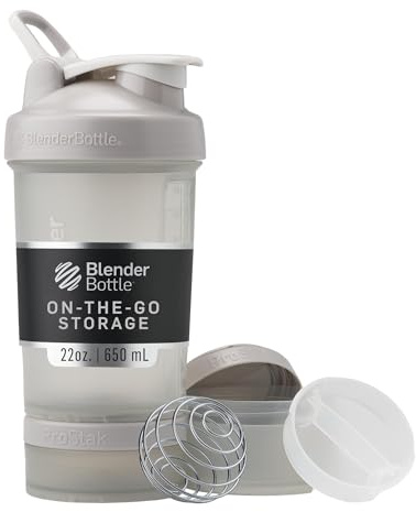 BlenderBottle Shaker Bottle with Pill Organizer and Storage for Protein Powder, Classic V2 ProStak System, 22-Ounce, Smoke Grey