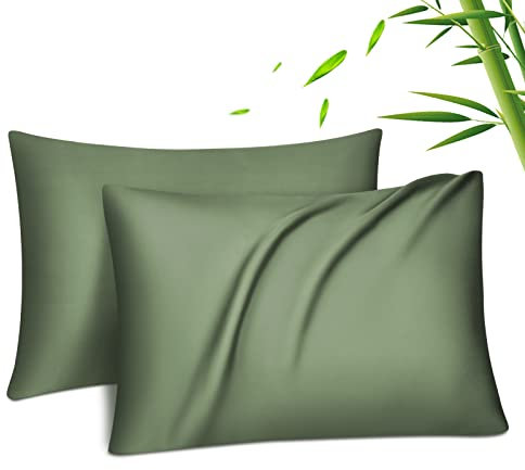 Fittia 2er-Set Lyocell Bambus Kissenbezug Bambusfaser Kopfkissenbezug Kissenhülle Seidig weichkühlend atmungsaktiv mit verdecktem Reißverschluss, Bambusgrün, 40x60cm