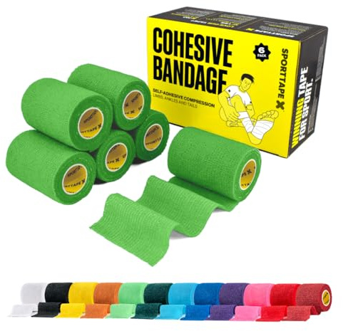 SPORTTAPE 6 Rolls Self-Adhesive Cohesive Bandage, 7.5cm x 4.5m, Green | Compression & Vet Wrap for Dogs, Horses, Sports Stretch Tape for Football, Ankles, Joints, Fingers, Wrists & Sock Tape