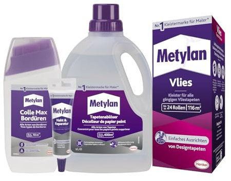 Metylan Vlies, Tapetenkleister (1x720g) & Metylan Bordüren Klebstoff (1x250g) & Metylan Naht- und Reparaturkleber (1x60g) & Metylan Tapetenablöser Aktiv-Konzentrat (1x 1l)