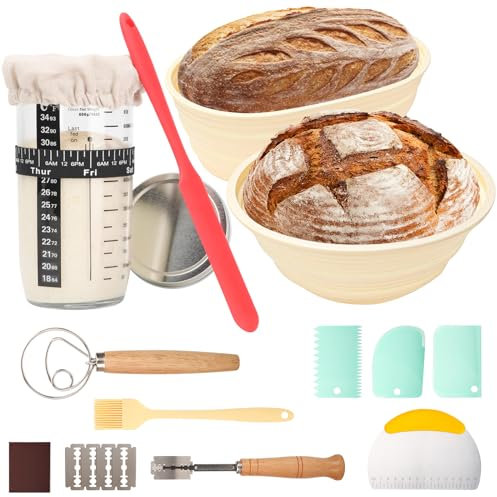 Sourdough Starter Kit Bread Baking Supplies Bread Proofing Basket 9 inch Round & 10 inch Oval Bread Proofing Basket, 24Oz Jar