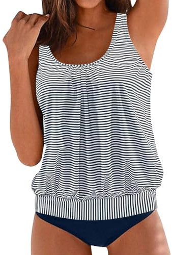 Bikini Bleu Rayures Femme Maillot de Bain Grand Rétro Rayé Imprimé Foldline Taille Haute Tankini Conservateur Maillot de Bain Bikini Haut Armatures E, bleu foncé, L