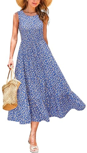 STYLEWORD 2025 Vestido de Verano de Las señoras sin Mangas Floral Midi Vestidos A Line Swing Casuales con Bolsillos