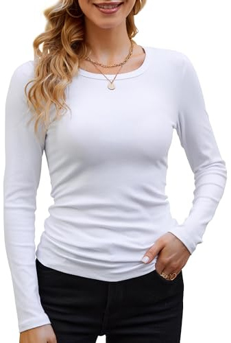 DUOEASE Långärmad damtröja rund hals pullover eleganta långärmade toppar, ribbade skjortor, bastoppar