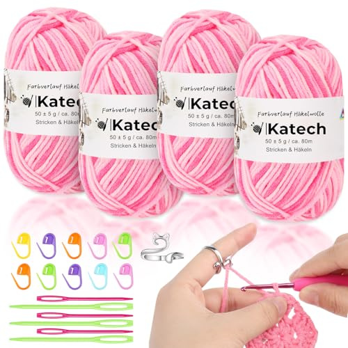 Katech 4x50g(200g) Laine à Tricoter Coloré, 5-Brins Fil Coton pour Crochet Tricot, Laine pour Crochet Doux au Toucher, Pelote de Laine à Tricoter Bonnet/Écharpes/Chaussettes/Layette, Laine Rose