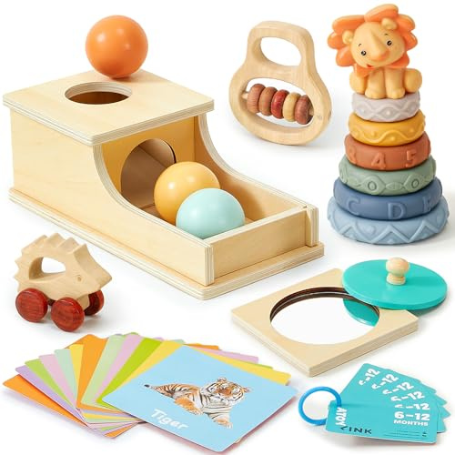 Atoylink Juguetes Montessori de Madera para Bebés de 6 a 12 Meses, Set de 6 Piezas con Coche Juguete, Cubos Apilables y Tarjeta de Estimulación Visual