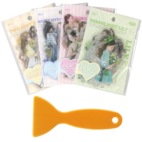 4 juegos de pegatinas para cuadernos, pegatinas para libros de arte, material de decoración para álbumes de fotos, con 1 pieza de espátula pequeña, para diario, manualidades y envolver regalos