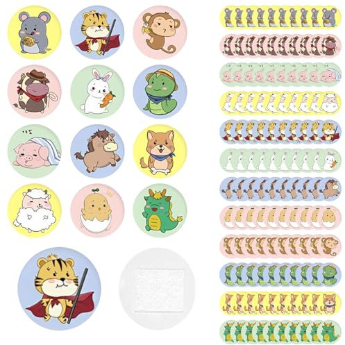 120 Stück Pflaster Kinder Pflaster Rund Klein Kinder Pflaster Süße Cartoon-Pflaster 22 Mm Rund Mini-Pflaster Wasserfest Hautfreundlich Nicht Anfällig für Allergien Geeignet für Kinder(12 Stile)