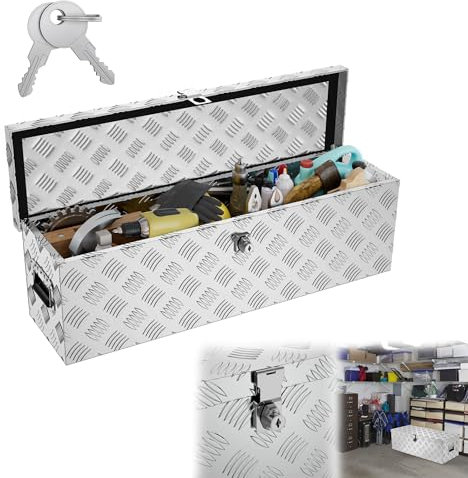 YRHome 38L Aluminium WerkzeugkisteAlubox Aluminiumkiste Transportbox Deichselbox Für PKW Anhänger Mit Verriegelungssystem Sicherheitsgriffe 2 SchlüsselnStoßfest Wasserdicht,Silber 80 * 22 * 22.5 CM