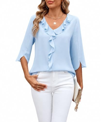 ROFUSSO Blusa Mujer Elegantes Blusas de Manga Larga Blusa de Negocios 3/4 Manga V-Cuello Ruffle Tops Blusa Casual Verano(Azul Claro,S)