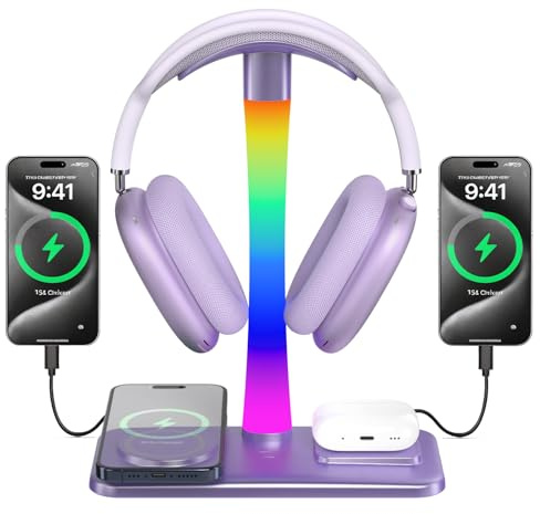 Headphone Stand with Wireless Charger,Gaming Headset stand with RGB Light,For Airpod Max Stand Compatible with Airpod Pro/3/2,For iPhone 17/16/15/14/13/12/11,Gifts for Gamers & Music Lover (Purple)
