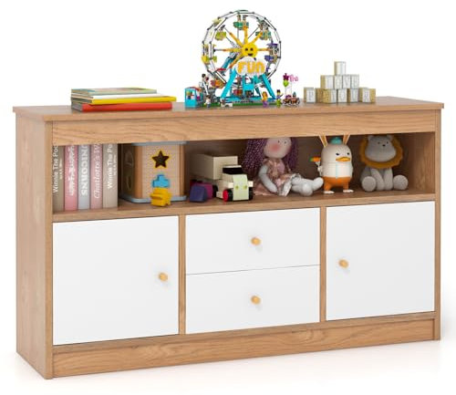 COSTWAY Spielzeugschrank Kinder, Kinderregal aus Holz, Kinderschrank mit 2 Schubladen & 2 Türen, Spielzeug-Organizer Aufbewahrungsschrank für Kinderzimmer, Schlafzimmer, 106 x 30 x 62 cm (Natur)