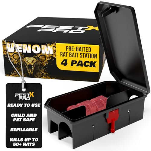 Pest X Pro Venom – 4X Pre-Baited Rat Bait Station, Professional Grade, Rat Poisoning Super Strength For Indoor & Outdoor Infestations, Ready-To-Use, Safe & Effective Rat Traps