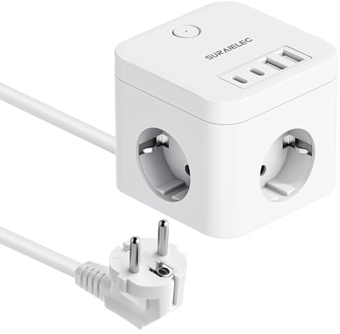 SURAIELEC uttagskub med 4 USB, 3-vägs flera uttag 3 m kabel | 2 USB-C + 2 USB-A, 16 A 3 680 W kub uttag med strömbrytare, CE certifierad för kontor och hem