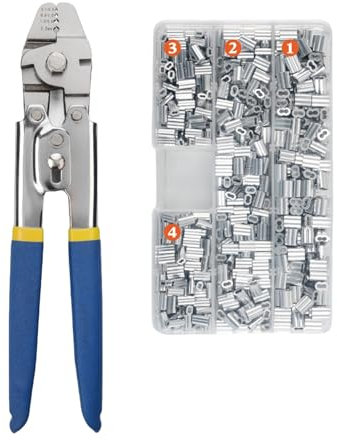 Pinza crimpatrice per funi metalliche, crimpatrice con anelli di crimpatura in alluminio, manicotti e ditali, set di cavi fino a 2,2 mm