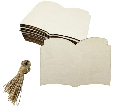 WEOSMIRA 30 Pcs Unfinished Wood Open Book Cutouts Crafts Wood Open Book Hanging Ornaments with Hole Hemp Ropes Wood Tags for Home Party Decoration DIY Craft