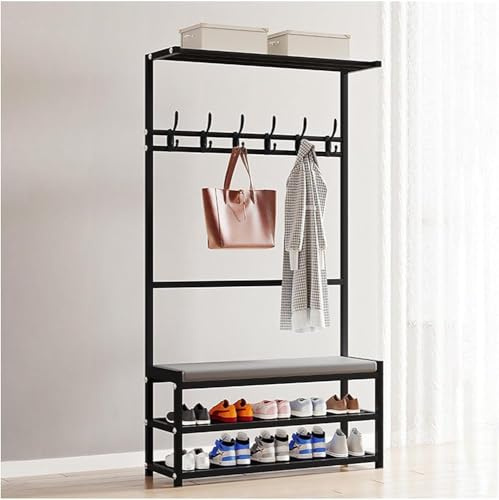 JGJSQYY 4-i-1 entrébänk med klädhängare multifunktionell hallträd och förvaringsstol mjuk kudde fristående och klädförvaring svart 75 x 26 x 160 cm