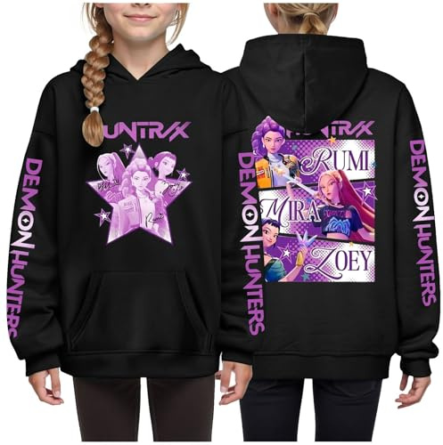 Genérico Sudadera con Capucha KPOP para niñas, Moda Anime con Estampada de Demon música Hunters Manga Larga Sudaderas con Capucha Estilo Y2K para Edades de 4 a 14 años (Estampada 01, 8-9 años, Negro)