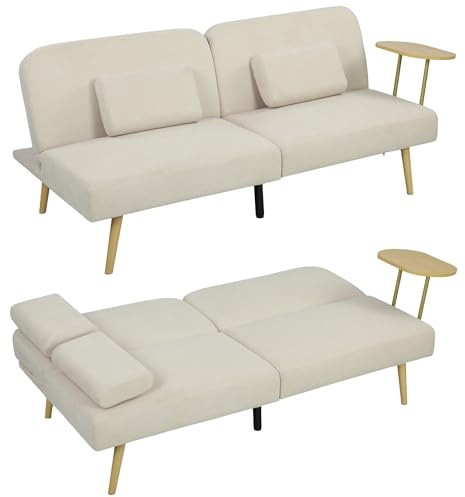 HOMCOM Sofá Cama de 3 Plazas con Mesa Auxiliar, 3 en 1, Sofá Cama Convertible con Respaldo Ajustable, Apertura Clik-Clak, 2 Almohadas para Reposabrazos y Patas de Metal, 196x86x81 cm, Beige