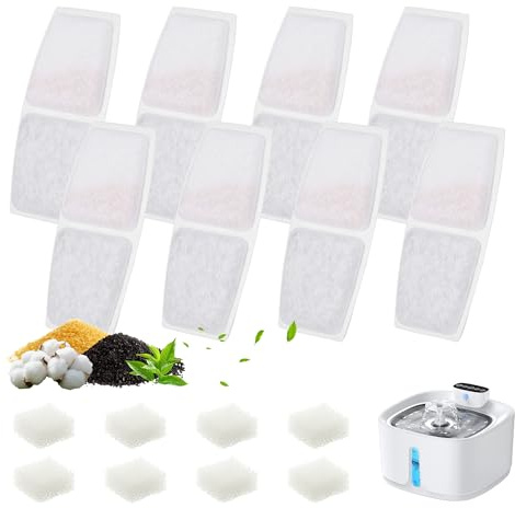 Hahorpa Set med 8 kattvattenfontänfilter, aktivt kolfilter för kattvattenfontän, innehåller 8 filter och 8 svampar, flerlagers kattvattenfontänfilter, påfyllning för fontänen Pliera