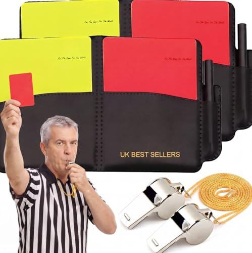 UK BEST SELLERS Referee Cards Set 2PCS – Football Referee Red Yellow Cards with Coach Whistle & Lanyard, Score Book, Leather Wallet Case – Soccer Ref Kit for Matches, Schools & Sports Events