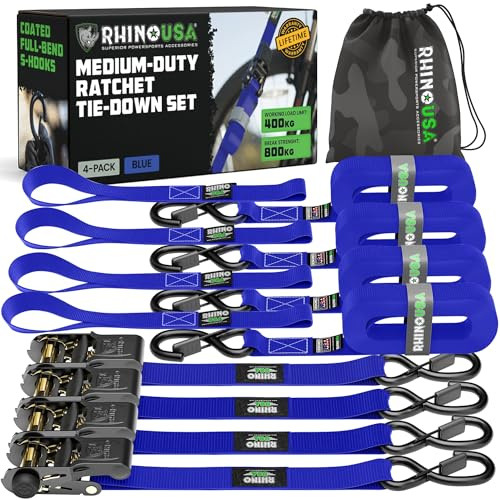 Rhino USA Ratchet Straps Tie Downs (4-Pack) - 2.5cm x 4.6m (800kg Break Strength) - Ultimate Tie Down Straps with Safety S Hooks - Premium Straps for Trucks, Cargo, Moving, Appliances - Blue