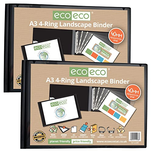 eco-eco A3 95% Recycled 4-D Landscape Ring Binder File Folder Black, Artwork Portfolio, Pack of 2 Folders, eco088x2