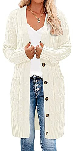 Earnmore Womens Long Sleeve Cable Knit Long Cardigan Open Front Button Sweater Outerwear