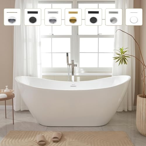 Vanity Art 71 Freestanding Bathtub | Free Standing Tub Stand Alone Tub with Contemporary Design for Soaking and Bathing, Overflow and Pop-up Drain with UPC Certified, Acrylic, VA6517-PW