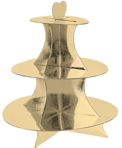 Spetebo Karton Etagere 34 x 30 cm mit 3 Ablagen - Gold - Servierplatte mit Herz Tragegriff - Dessert Muffin Cupcake Kuchen Platte Servier Papp Ständer