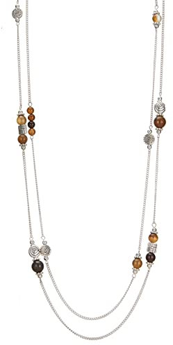 Bulinlin Damen Lange Perlen Kette Statement Halskette mit Silber Anhänger Modeschmuck Kette Geschenk für Frauen(Brown)