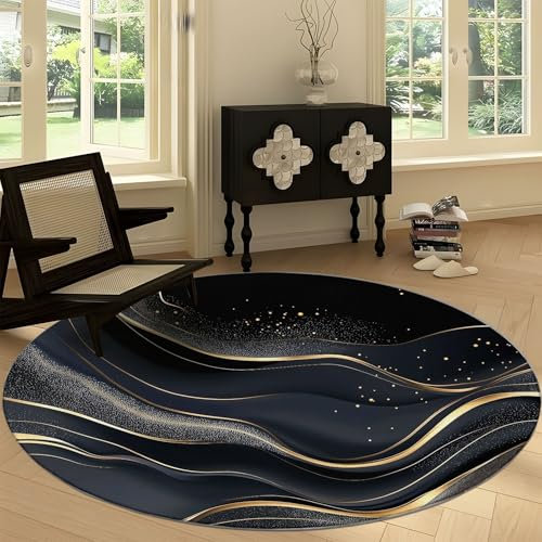 Rund Teppich Wohnzimmer Luxus schwarzer und goldener Marmor 160 cm Rund Teppich- Küche Jugendzimmer Esszimmer Flur und Schlafzimmer Rund Teppich Kurzflor Rund Teppich Extra Weich Pflegeleicht