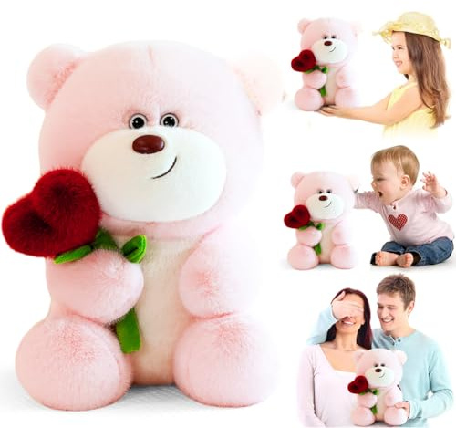 Fouvin Orsacchiotto di peluche con cuore rosa, 28 cm, orsacchiotto con amore, orsacchiotto di rosa, giocattolo decorativo per camera da letto, regalo per bambini, ragazze, compleanno, San Valentino