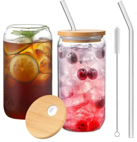 Zykphao 500ml Can Shaped Glass Cups Set, Drinking Glasses with Bamboo Lids and Glass Straw, Beer Glasses, Iced Coffee Glasses, Clear Cute Tumbler Cup, Ideal for Cocktail, Coke, Soda(2pcs)