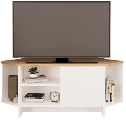 Bimossa Teo Corner TV Stand – Space-Saving TV Unit for 43–48'' TVs, Compact Media Console with Open Shelves & Cabinet, Ready to Assemble, Available in 5 Colours (Oak&White)