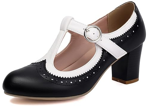 Gicoiz T Strap Mary Jane Ladies Block Heel Brogue Closed Toe Vintage Buckle Pumps Office Work Chunky Shoes Formal Black Size 4-37