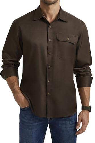 Enlision Chemise Homme Manches Longues Décontractée Chemise Coton sans Repassage Homme Bouton Shirt avec Poche Regular Fit Brun L
