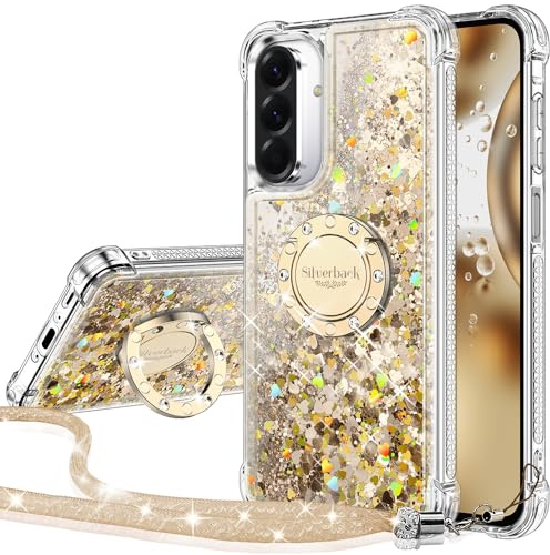 Silverback Fodral för Samsung A17 5G, stötsäkert fodral, holografiskt glitterfodral med stativ och upphängningssnodd, diamantring, för kvinnor och flickor, guldfärgat