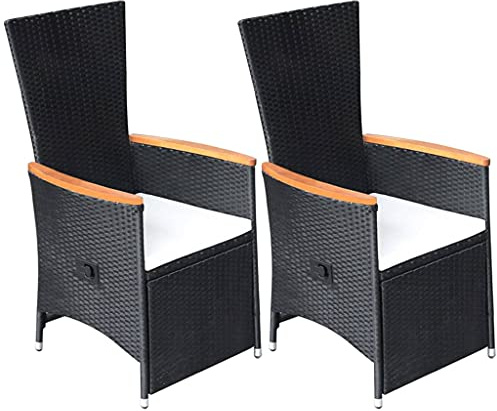 Bucmath sillas de jardín 2 piezas con cojines, poli ratán negro, respaldo ajustable, reposabrazos de madera de acacia, para balcón, terraza, cómoda silla de relajación