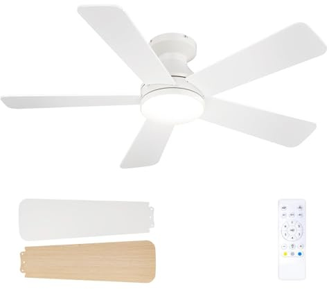 Passky Takfläkt på 107 cm med belysning och fjärrkontroll, tyst DC-motor, 6 hastigheter, justerbar LED-belysning, 3 färgtemperaturer, vit
