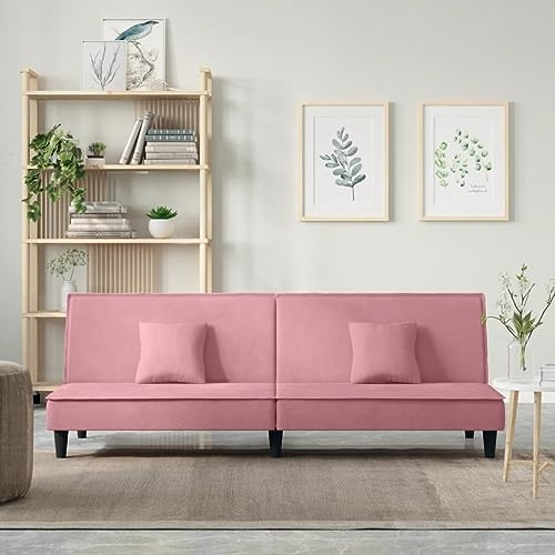 QUAHEAS Rosa bäddsoffa i sammet, justerbart ryggstöd, bekväm sängsoffa för gäster, modern vardagsrumsmöbel med kudde