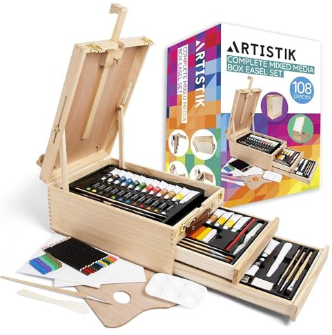 Artistik Complete Mixed Media Box Easel Art Set – 108-Piece Artist Paint Set with 2 Drawers – Wooden Desktop Easel Painting Kit for Drawing, Painting, and Sketching
