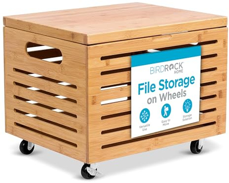 BIRDROCK HOME Rolling File Storage Organizer Box with Lid (New Version) - Bamboo Decorative Wood Hanging File Box for Letter/Legal Documents, Binders, Blankets - Durable Office Organizer - Natural